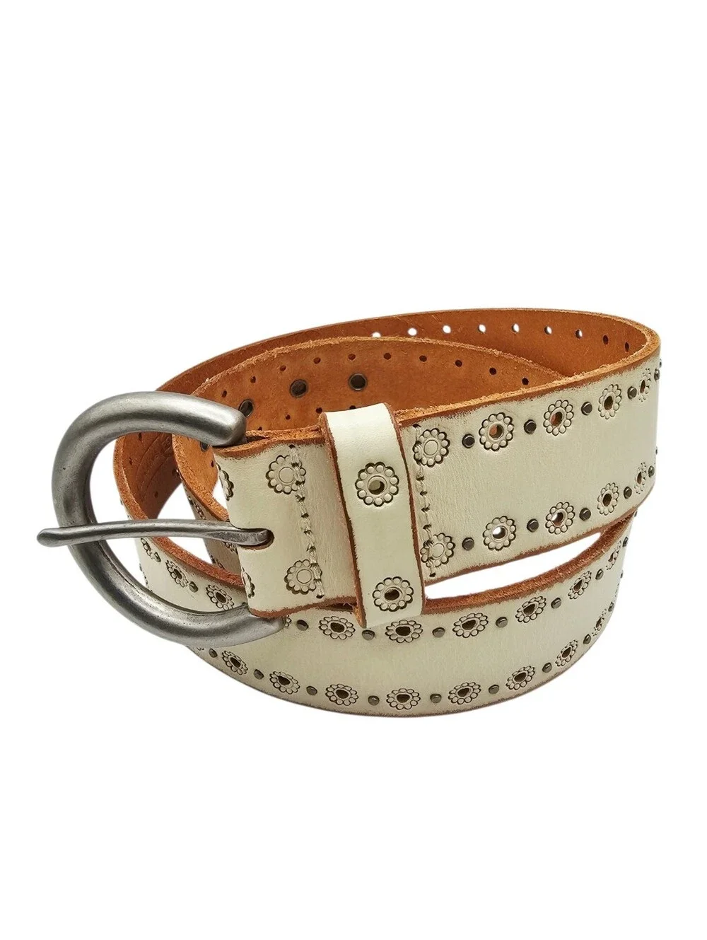 Fossil Cream Colored Embossed Studded Leather Belt Small